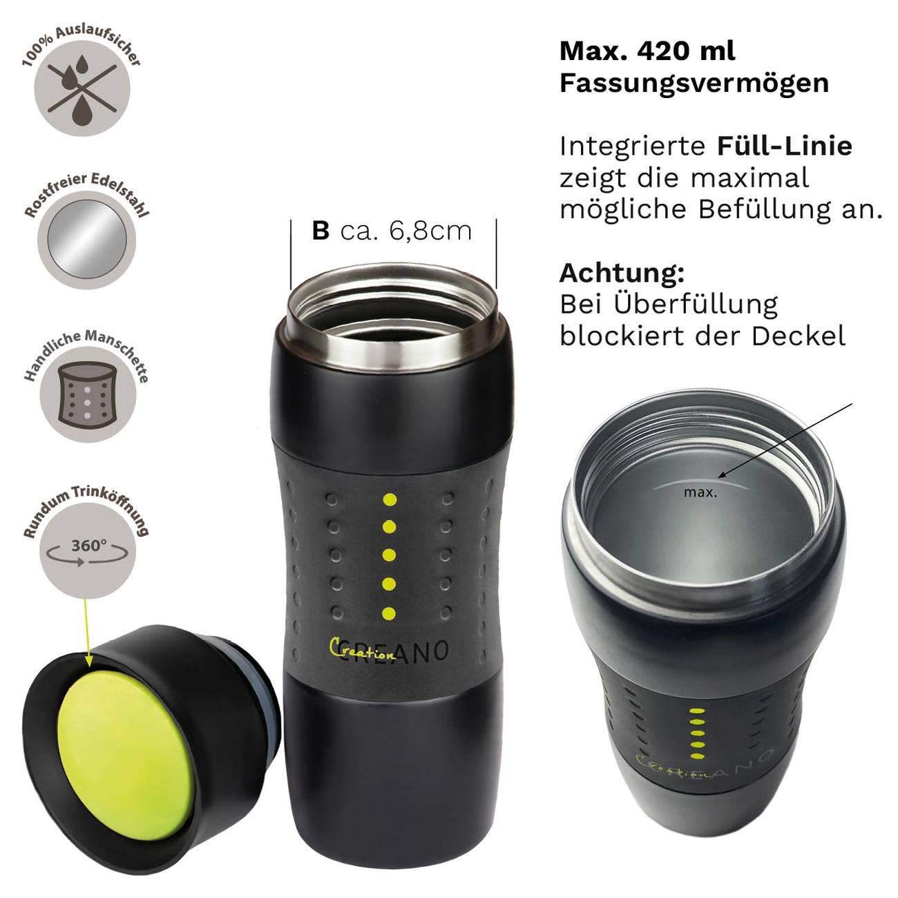 Creano Design Travel Mug 420 ml, Coffee to Go Mug