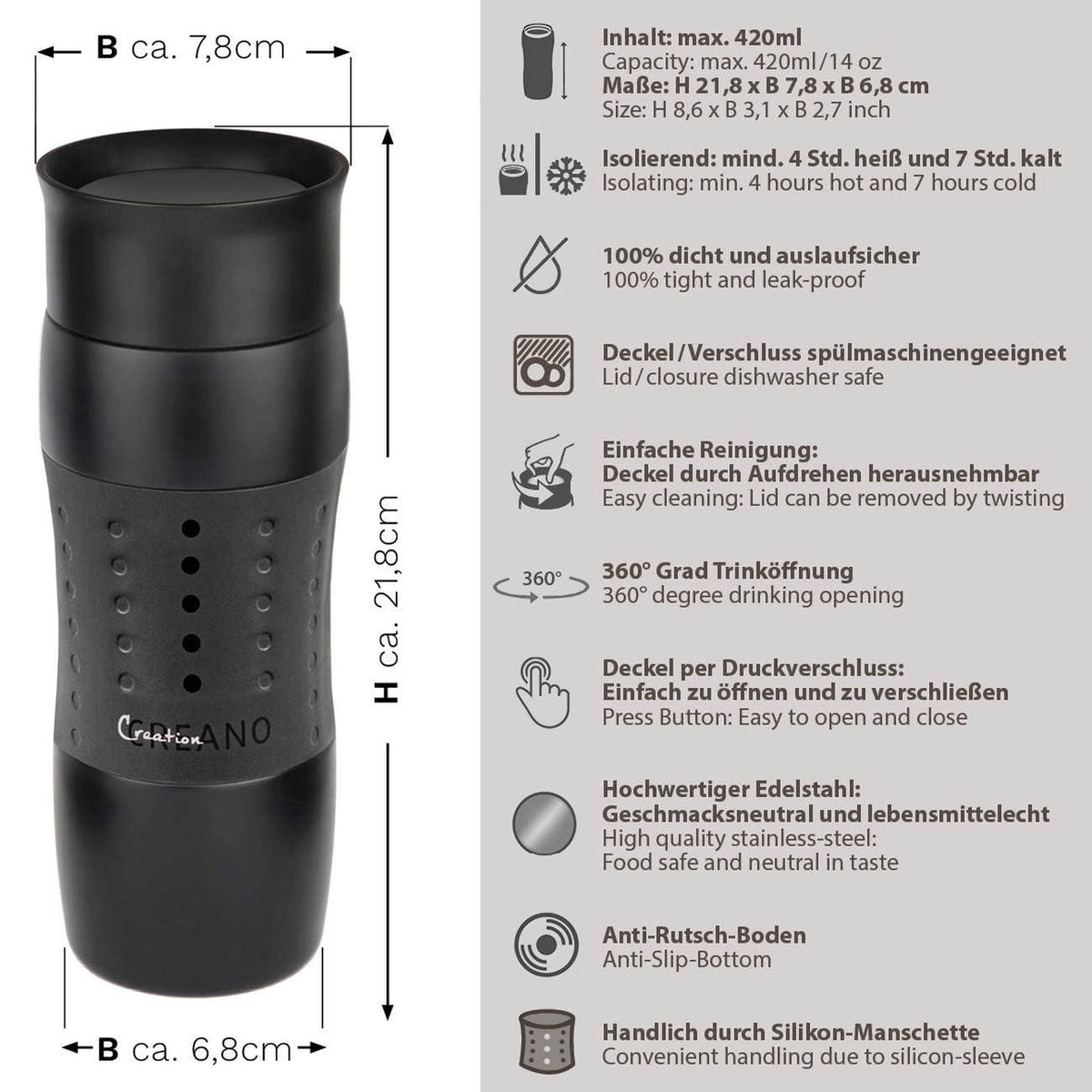 Creano Design Travel Mug 420 ml, Coffee to Go Mug