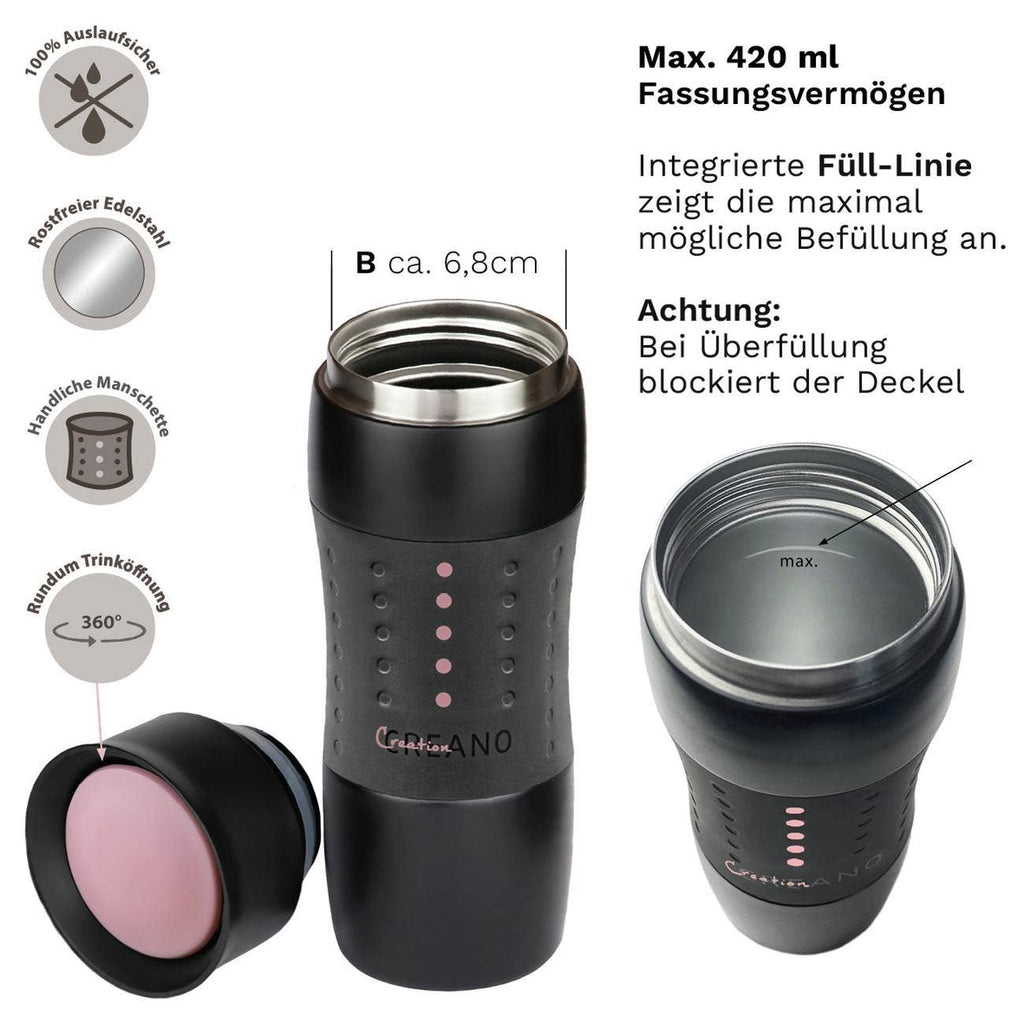 Creano Design Travel Mug 420 ml, Coffee to Go Cup Pink