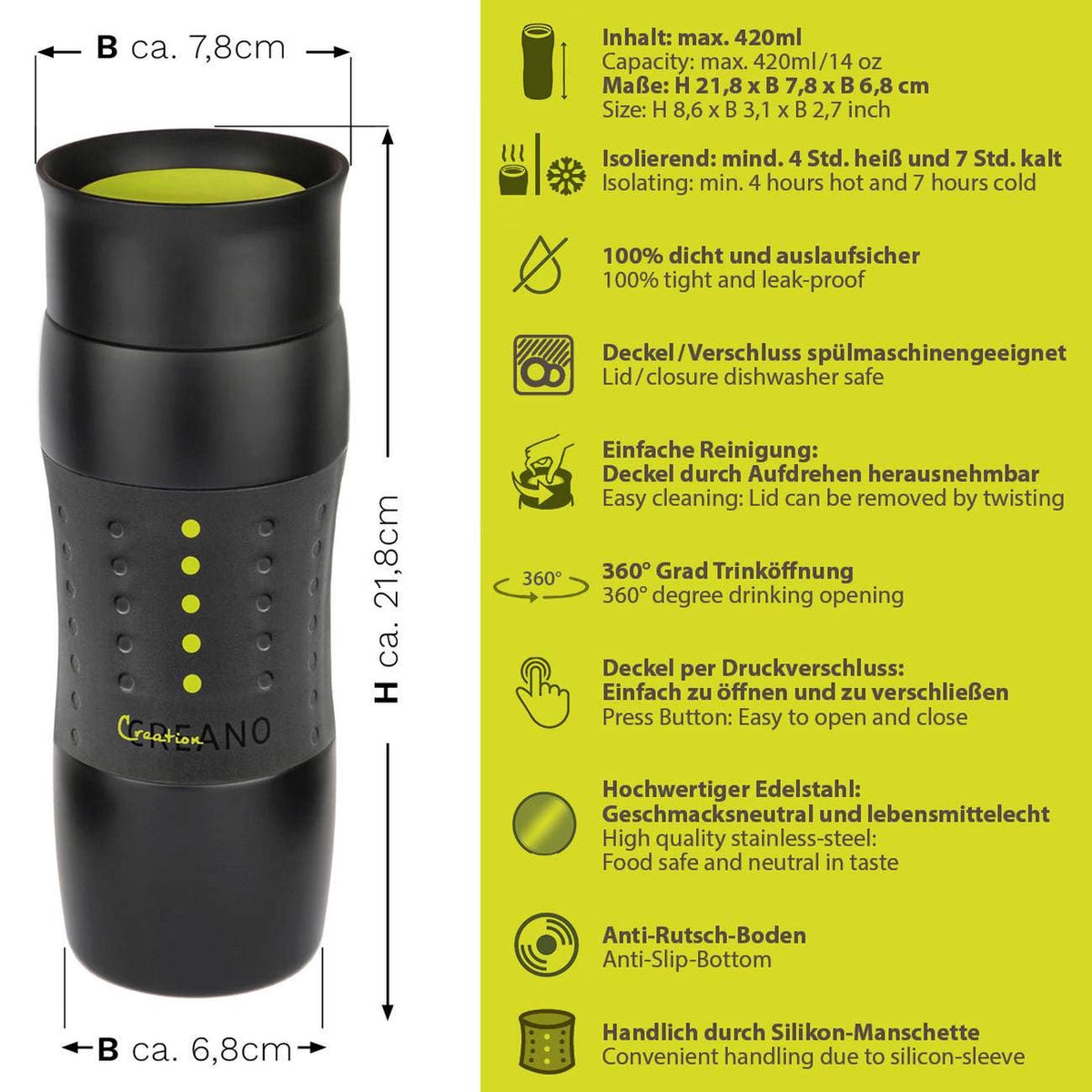 Creano Design Travel Mug 420 ml, Coffee to Go Mug