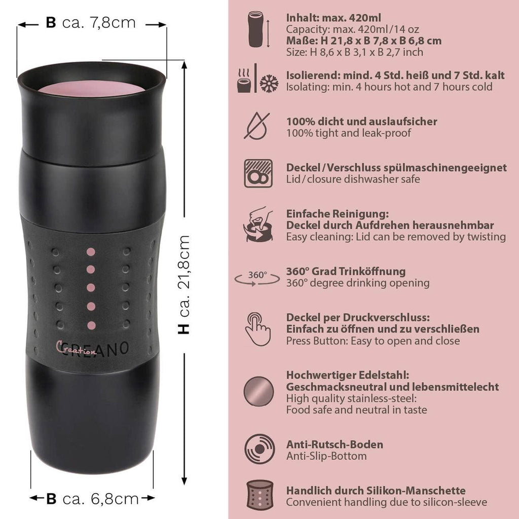 Creano Design Travel Mug 420 ml, Coffee to Go Cup Pink