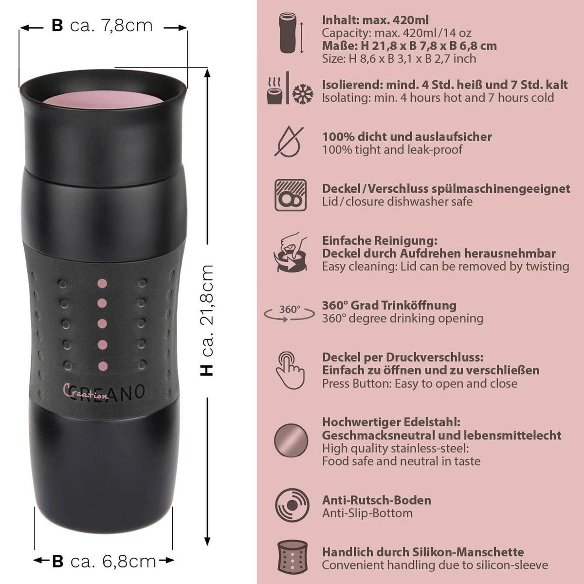 Creano Design Travel Mug 420 ml, Coffee to Go Cup Pink